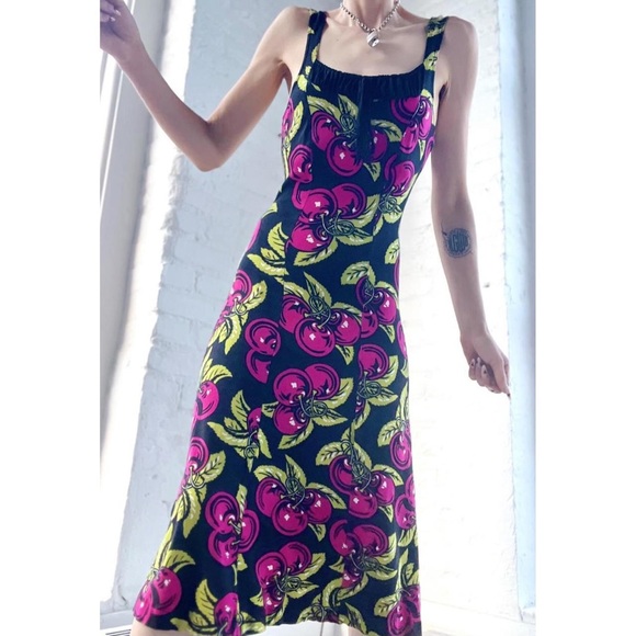Betsey Johnson vintage 90's rare deadstock  cherry print Maxi Dress L - Picture 2 of 3